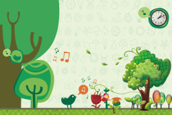 手绘绿色家园绿色卡通手绘欢乐植树节主题海报背景素材高清图片
