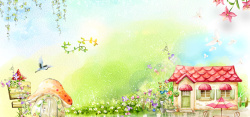 小鸟花盆春季卡通绿色电商海报背景高清图片