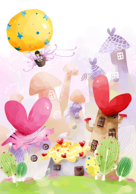 梦幻卡通城堡手绘花卉女孩背景素材背景