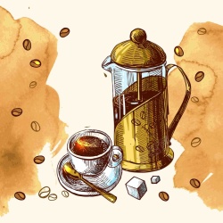 美式咖啡机美式复古西餐手绘线稿咖啡机滴滤壶海报高清图片