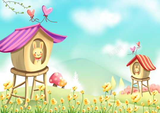 手绘幼儿园插画兔子小房子蓝天花背景