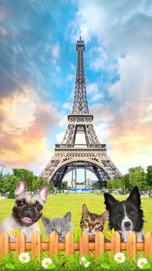 埃菲尔铁塔下的狗H5素材背景背景