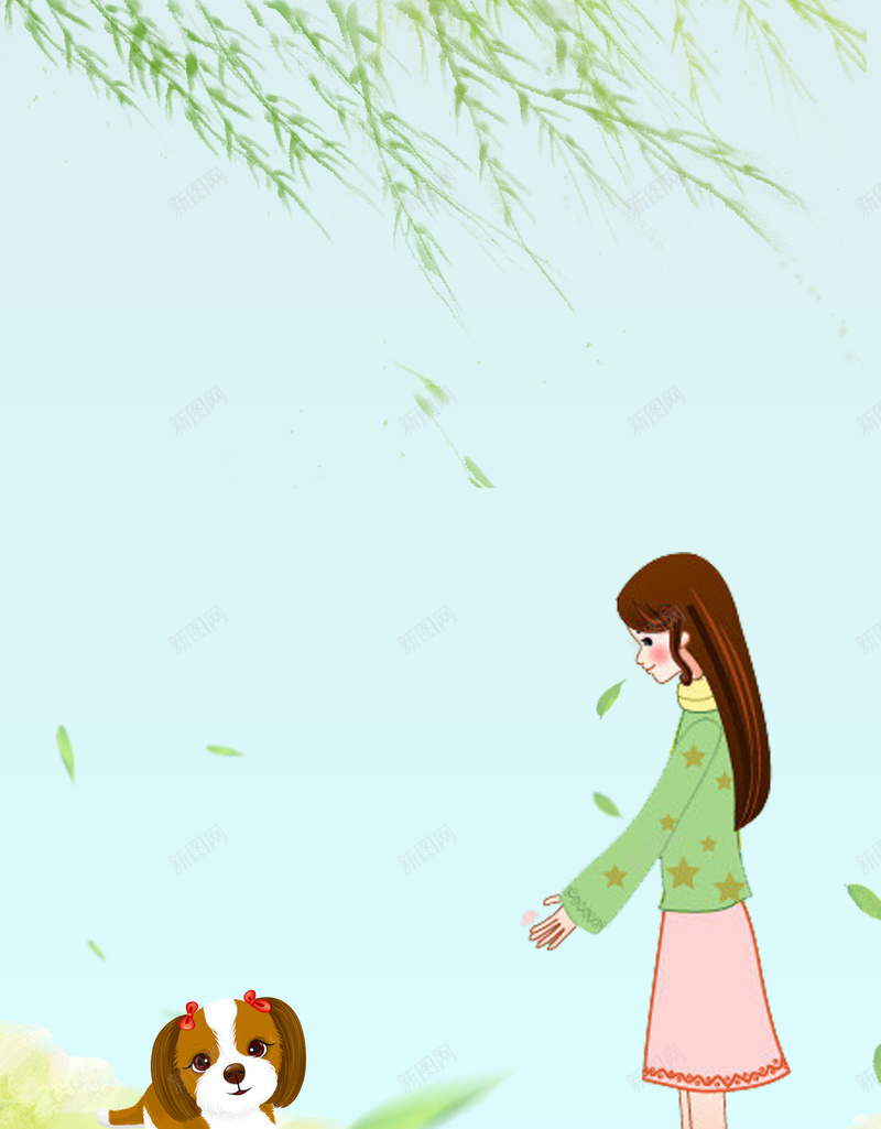 绿色小清新插画五月你好背景素材psd设计背景_88icon https://88icon.com 五月你好 五月海报 女孩 海报 狗 柳树 柳树枝 草地 小鸟 诗 绿色 小清新 插画