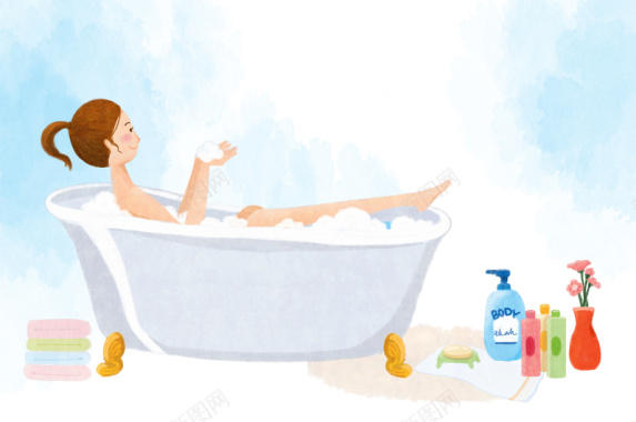 在阳光下泡在浴盆里泡澡的幸福卡通图片背景
