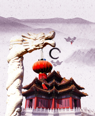 中国风盘龙柱高山褐色背景素材背景