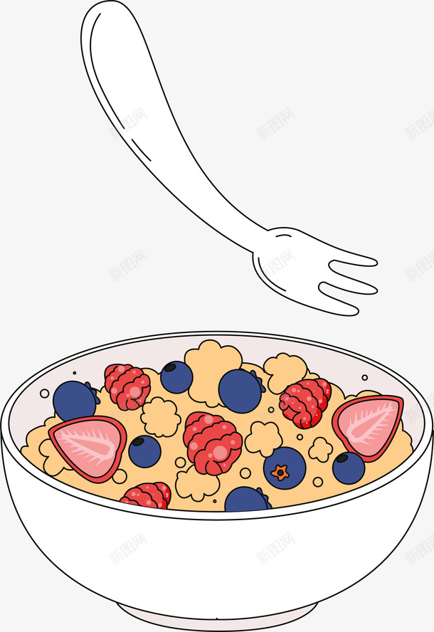 水果麦片装饰素材png免抠素材_88icon https://88icon.com 卡通有趣 矢量图案 彩色底纹 白色小碗 麦片 水果