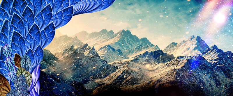 梦幻山峰耀眼阳光美丽孔雀蓝色羽毛仙境背景背景