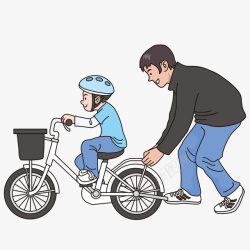 手绘动漫父子卡通爸爸教儿子骑自行车素材