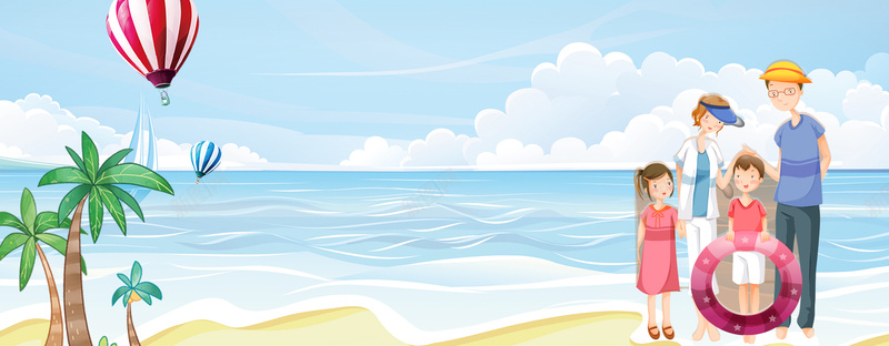 暑假全家海边出游手绘海浪文艺蓝色背景背景