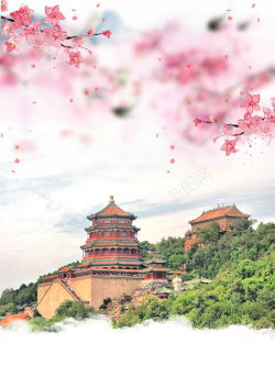 花卉北京中式花卉古建北京旅游海报背景素材高清图片