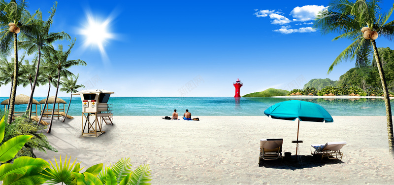 蓝天白云阳光沙滩椰树大海海报bann背景