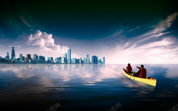 夜晚划船湖景建筑物背景图背景