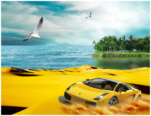 大气沙滩赛车黄色背景素材背景