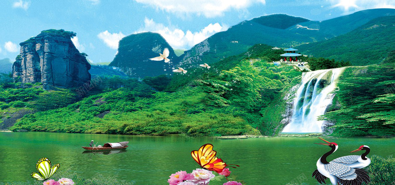 自然风光美景图jpg设计背景_88icon https://88icon.com 瀑布 凉亭 山 鸽子 蝴蝶 自然风水 花 仙鹤 渔船 湖 青山 大气 天空 白云 海报banner 摄影 风景