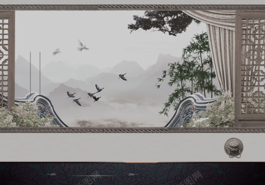 中国风黑白窗外的江南风景房地产背景素材背景