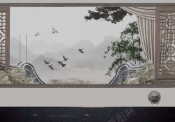 中式房产中国风黑白窗外的江南风景房地产背景素材高清图片