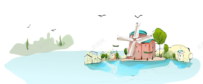 卡通插画简约白色banner背景psd设计背景_88icon https://88icon.com 小清新 卡通 手绘 文艺 童趣 简约 几何 素材 广告 设计 背景 风车 蓝天 白云 房屋 树木