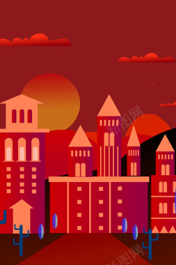 红色卡通城堡广告背景
