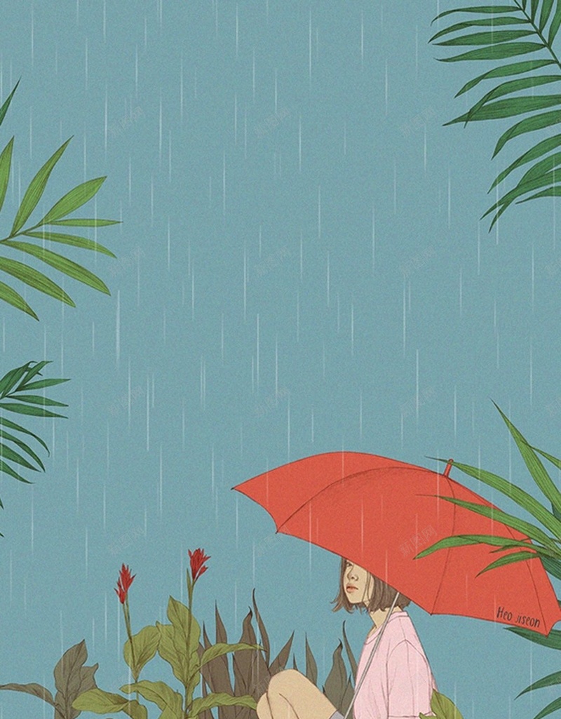 卡通撑伞女孩插画H5背景jpg设计背景_88icon https://88icon.com 卡通 撑伞 雨中 女孩 插画 童趣 手绘