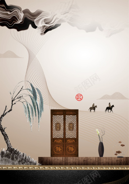 米色中国风中式家居柳树家具背景背景