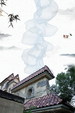 中式水墨古建房产海报背景背景