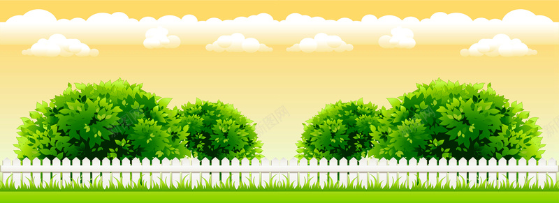 白云绿树木围栏卡通背景背景