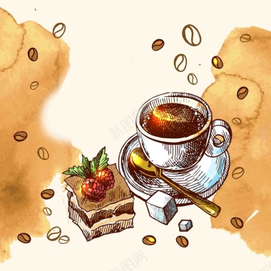 美式复古西餐手绘线稿咖啡饮料蛋糕海报背景背景