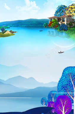 中式地产湖景房海报背景素材背景