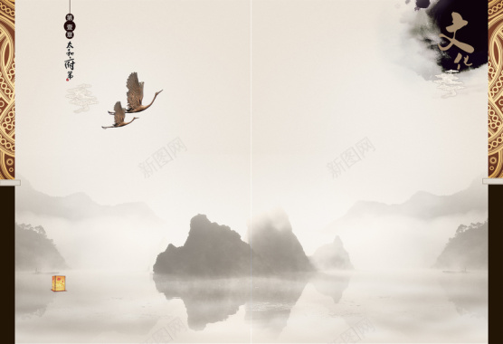 中式文化山水鸟背景素材背景
