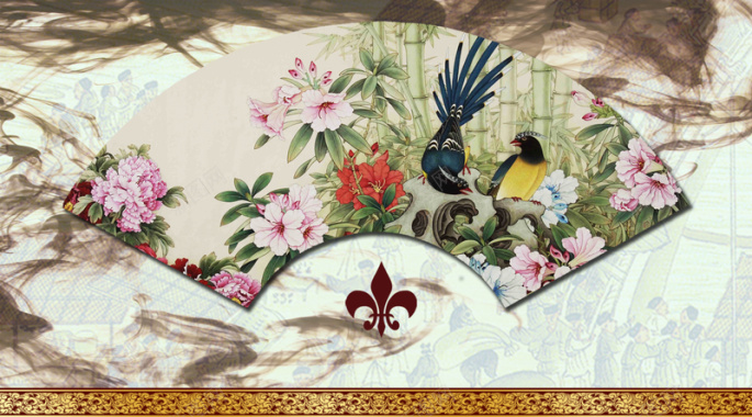 中国风水墨花鸟折扇背景素材背景