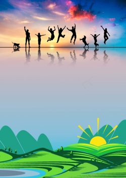 手绘绿色家园人物跳跃剪影保护地球生态海报背景素材高清图片