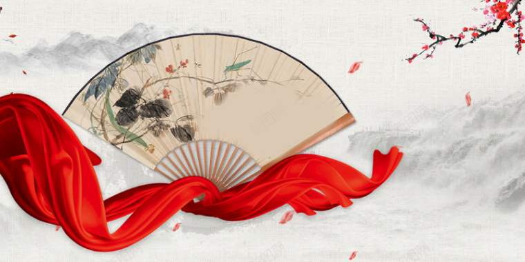 中国风水墨山水梅花红丝绸折扇海报背景素材背景