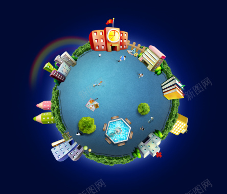 卡通学校旗子地球铅笔蓝色背景素材背景