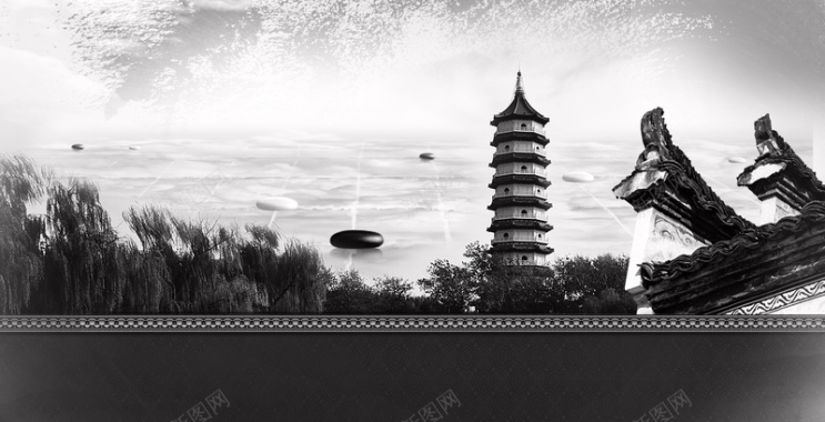 中式棋盘古塔背景素材背景