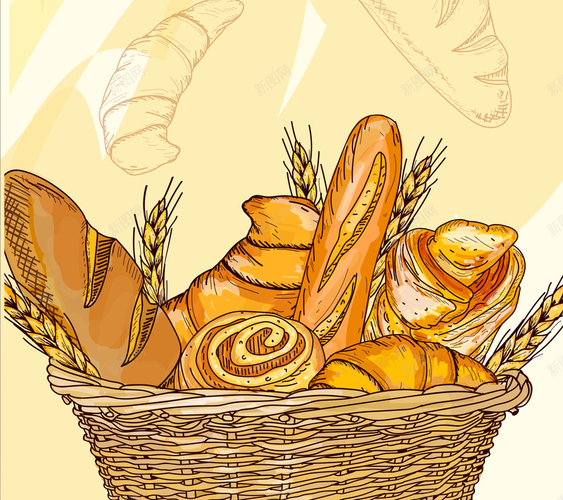 手绘卡通面包展架背景素材jpg设计背景_88icon https://88icon.com 牛角包 卡通 手绘 简约 麦穗 面包 面包房 面包店 面点 展架 易拉宝 矢量 背景 面包背景