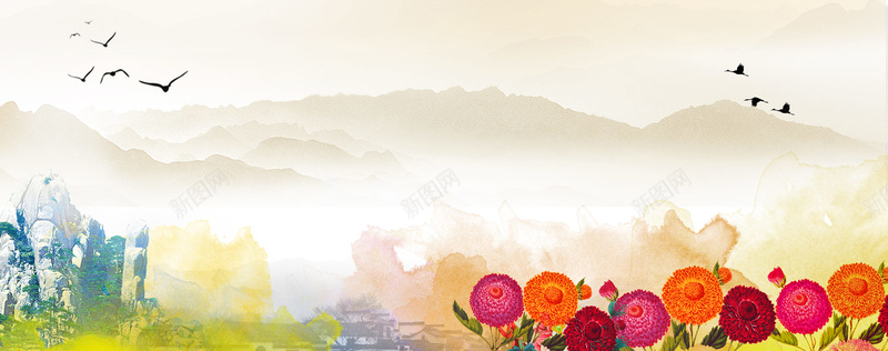 中国风水墨手绘彩色山水背景背景