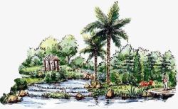 创意合成效果水彩别墅椰子树素材
