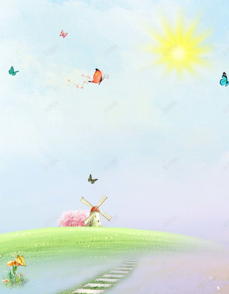 清明节卡通清明踏青广告背景psd设计背景_88icon https://88icon.com 清明节 儿童 卡通 春游 踏春 草地 花卉 蓝天 白云