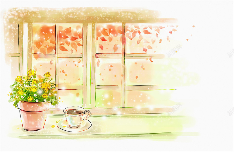 手绘窗户背景素材jpg设计背景_88icon https://88icon.com 一杯咖啡 描绘 插画 植物 窗 盆栽 秋季 红叶 背景 海报