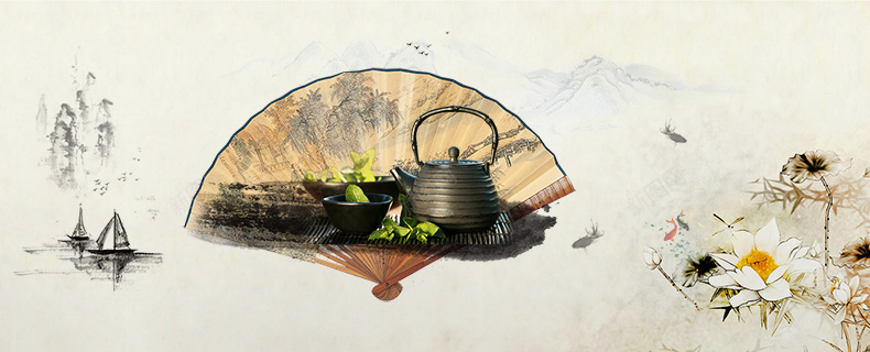 中国风山水画折扇茶叶详情页海报背景背景