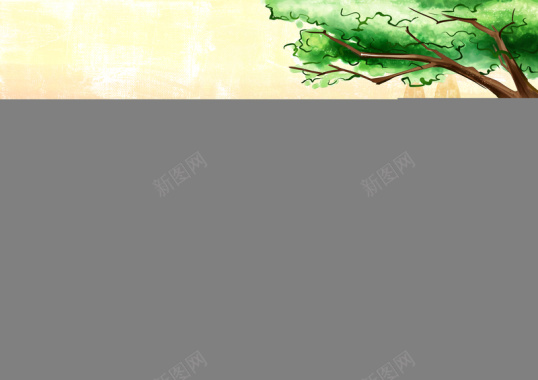 卡通画小河拱桥树木场景海报素材背景