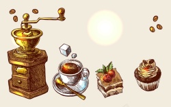 美式咖啡机美式复古西餐手绘线稿咖啡饮料餐馆海报背景高清图片