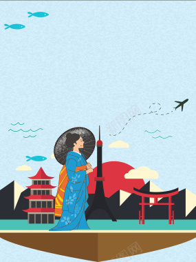 蓝色矢量卡通插画日本旅游海报背景背景