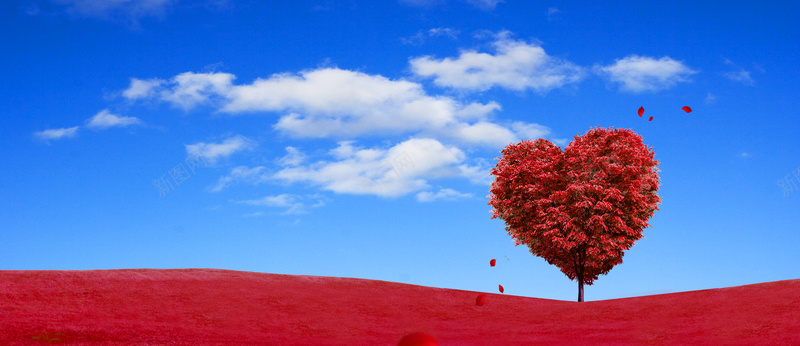 蓝天白云下的红色爱心树背景素材背景