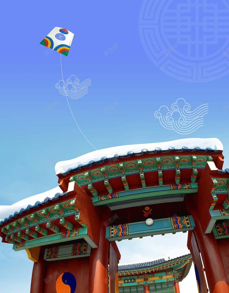 韩国旅游背景素材psd设计背景_88icon https://88icon.com 旅游背景 蓝天白云 韩国建筑 风筝