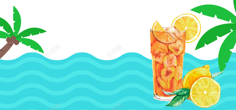 夏日酷饮卡通椰树海浪橙汁背景背景
