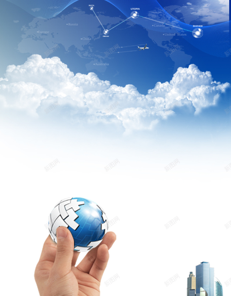手拿地球商业海报psd设计背景_88icon https://88icon.com 世界地图 远处建筑 云层 商务 简约 手拿地球 开心 科技 科幻