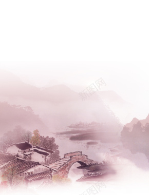 中国风高山古村红色背景素材背景
