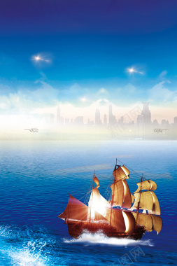 蓝色海洋大船海报背景素材背景