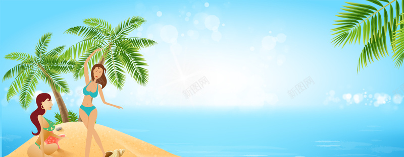暑假美女沙滩派对蓝色背景背景